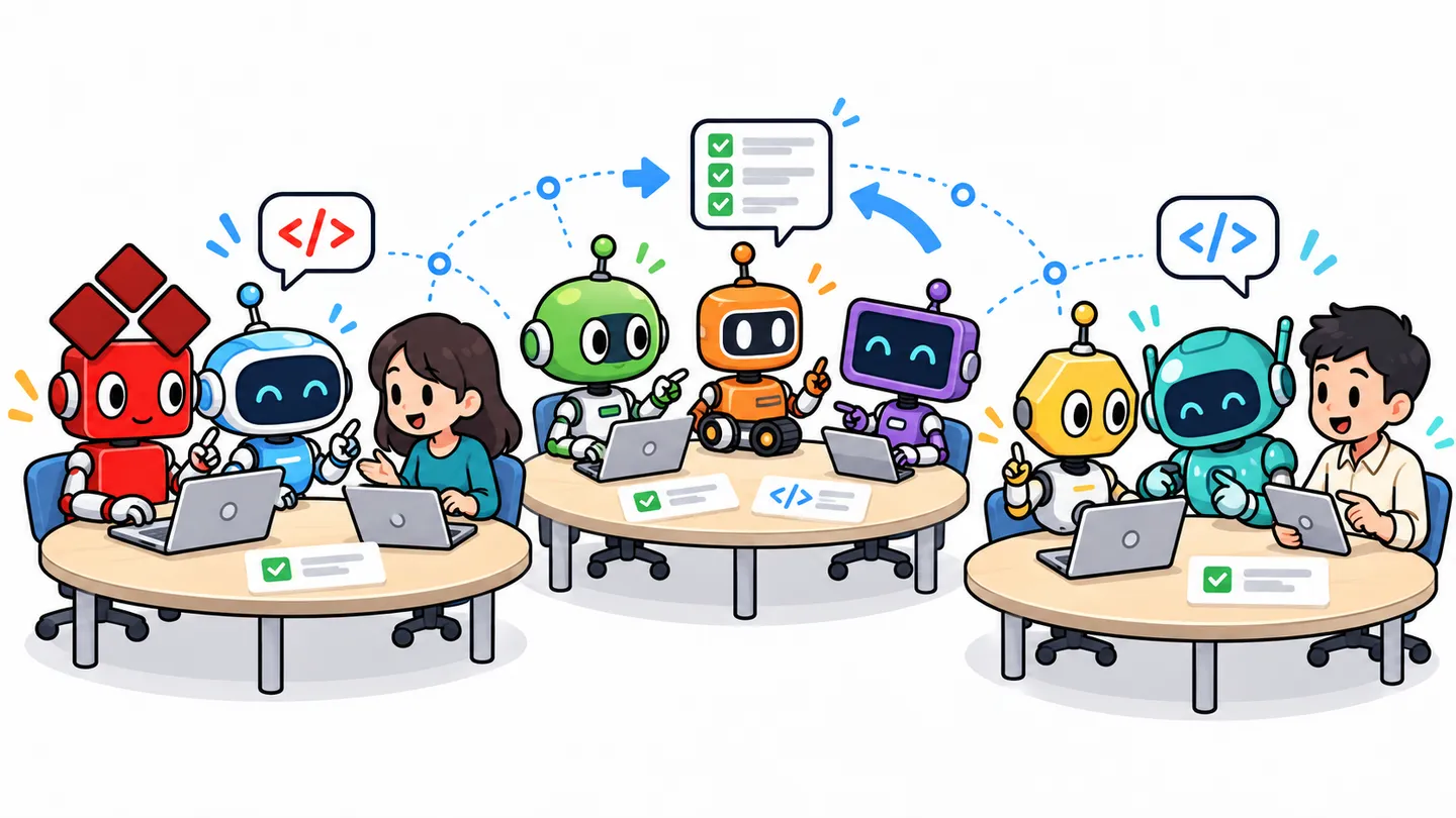 ゼンくんを含む7体のロボットが連携し、2人の人間と一緒に仕事を進めるイラスト