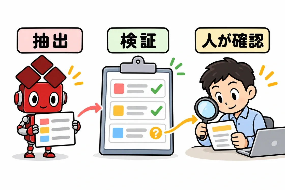 ロボットによる情報抽出、結果の検証、曖昧な項目の人による確認を描いたイラスト