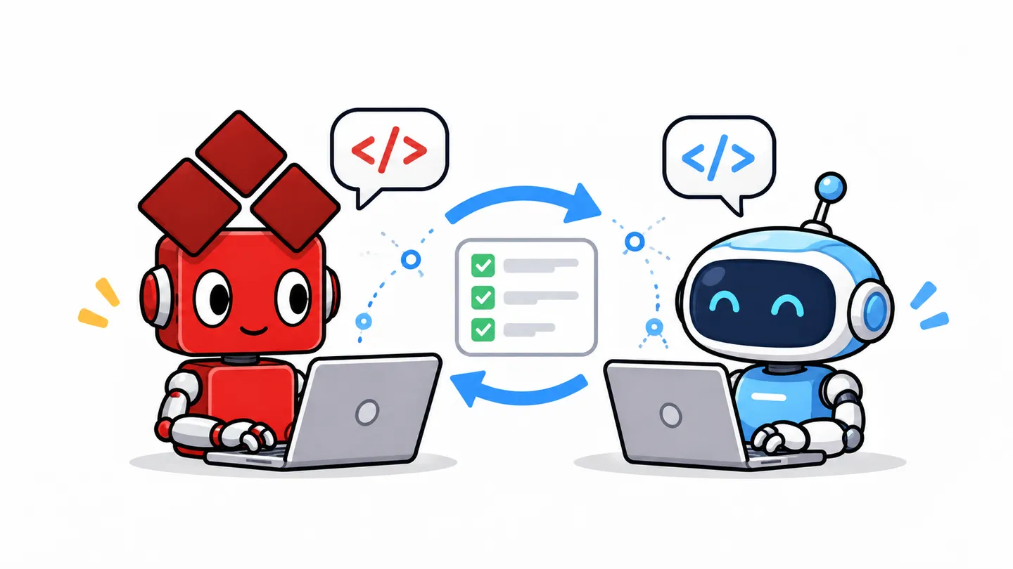 赤いロボットのゼンくんと別デザインの青いロボットが、それぞれのノートPCで会話しながら開発作業を分担するイラスト