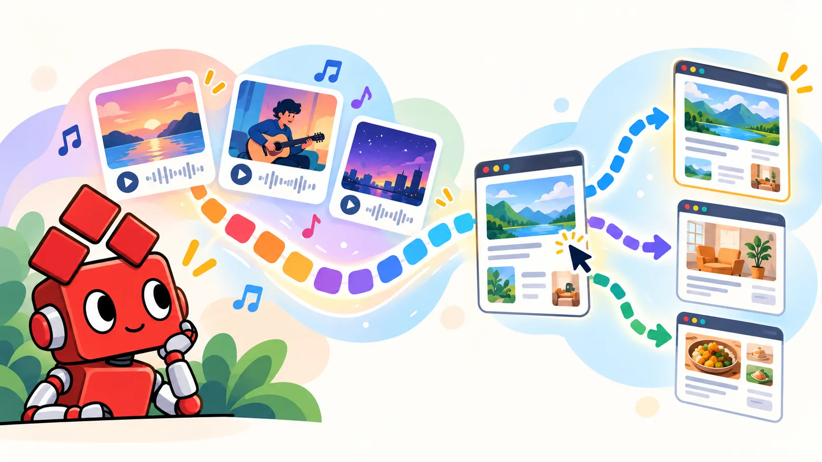 音楽の推薦とWebサイトでの次の行動を、トークンの流れでつなぐイラスト